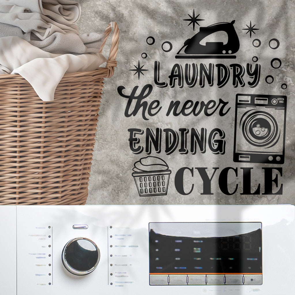 1pc Humorous laundry quote sticker 'Laundry: The Endless Cycle, ' featuring retro appliance designs, perfect for laundry room decor, home organization accents, and adding a touch of playful aesthetics.