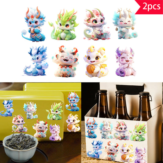 2pcs Whimsical collection of cute cartoon mythological dragon stickers - Rich and colorful, charming designs of fantasy dragons, an ideal addition to art, a charming atmosphere, glass jars and adult home decoration space self-adhesive detachable waterproo