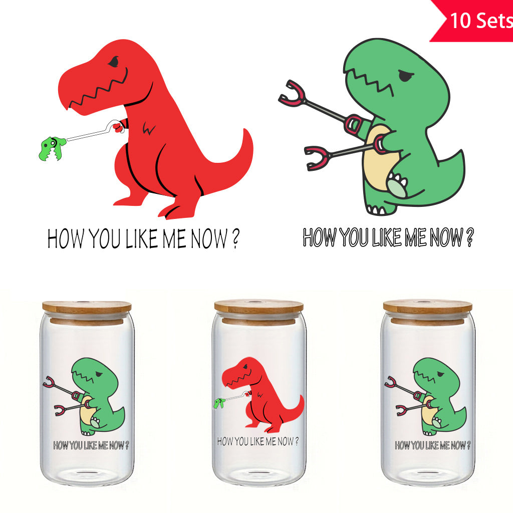 10套 幽默可爱的卡通恐龙UV DTF水晶贴纸套装，“你现在有多喜欢我”贴纸，古怪的霸王龙设计，非常适合装饰玻璃罐、家居空间及其他物品，增添趣味与奇趣氛围。自粘防水转印贴纸。