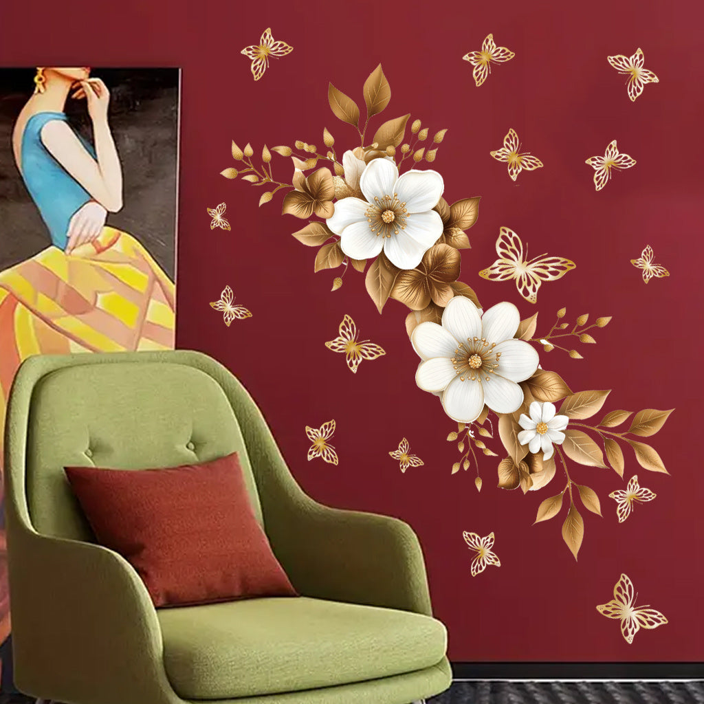 1pc Luxurious gold floral butterfly stickers, self-adhesive wall decals with gorgeous white flowers, gilded leaves, and butterflies, perfect for elegant decoration, exquisite art accents, and charming aesthetic enhancement.