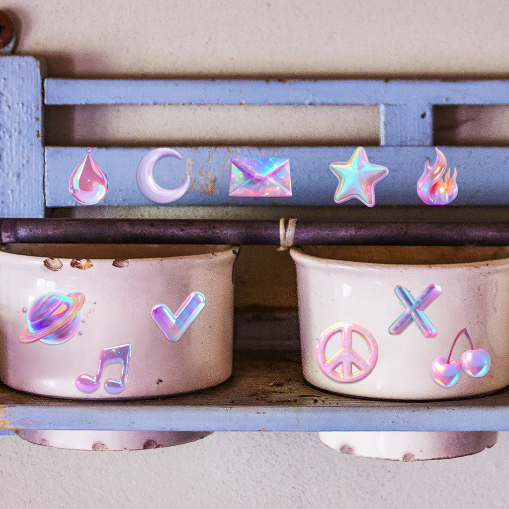 3pcs Pastel Fashion Icons UV DTF Crystal Sticker Set with vibrant rainbow shimmer symbol designs, perfect for decoration and fashion accents. Enhances modern aesthetics with self-adhesive waterproof transfer stickers.