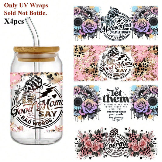 4pcs/Set Skull Flower UV DTF Transfer Sticker For 16oz Glass Cups, DIY Wrap Transfer Decals For 16oz Glass Cup, Bottle, Positive Affirmation Adhesive Sticker-High Quality