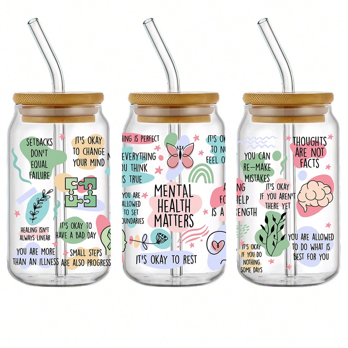 5pcs/Set Mental Health Theme UV DTF Cup Wraps, Waterproof Self-Adhesive Stickers For Mugs, Water Bottles, 16oz Glass Can Wraps, 3D Crystal Label, DIY Crafts