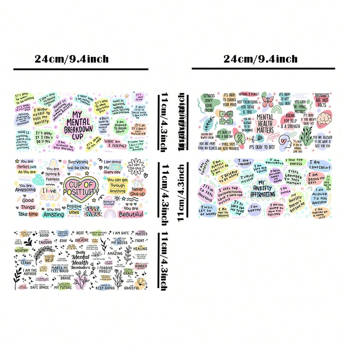 5pcs/Set Mental Health Theme UV DTF Cup Wraps, Waterproof Self-Adhesive Stickers For Mugs, Water Bottles, 16oz Glass Can Wraps, 3D Crystal Label, DIY Crafts