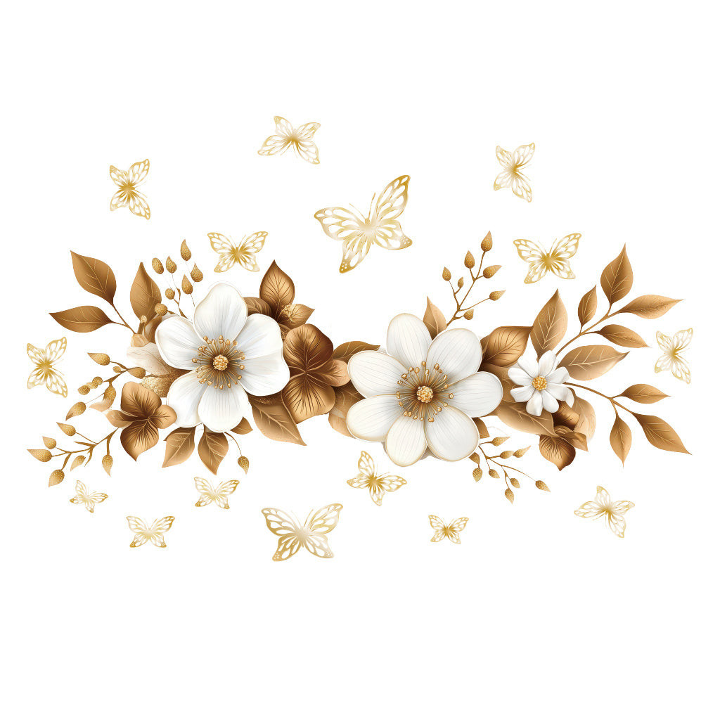 1pc Luxurious gold floral butterfly stickers, self-adhesive wall decals with gorgeous white flowers, gilded leaves, and butterflies, perfect for elegant decoration, exquisite art accents, and charming aesthetic enhancement.