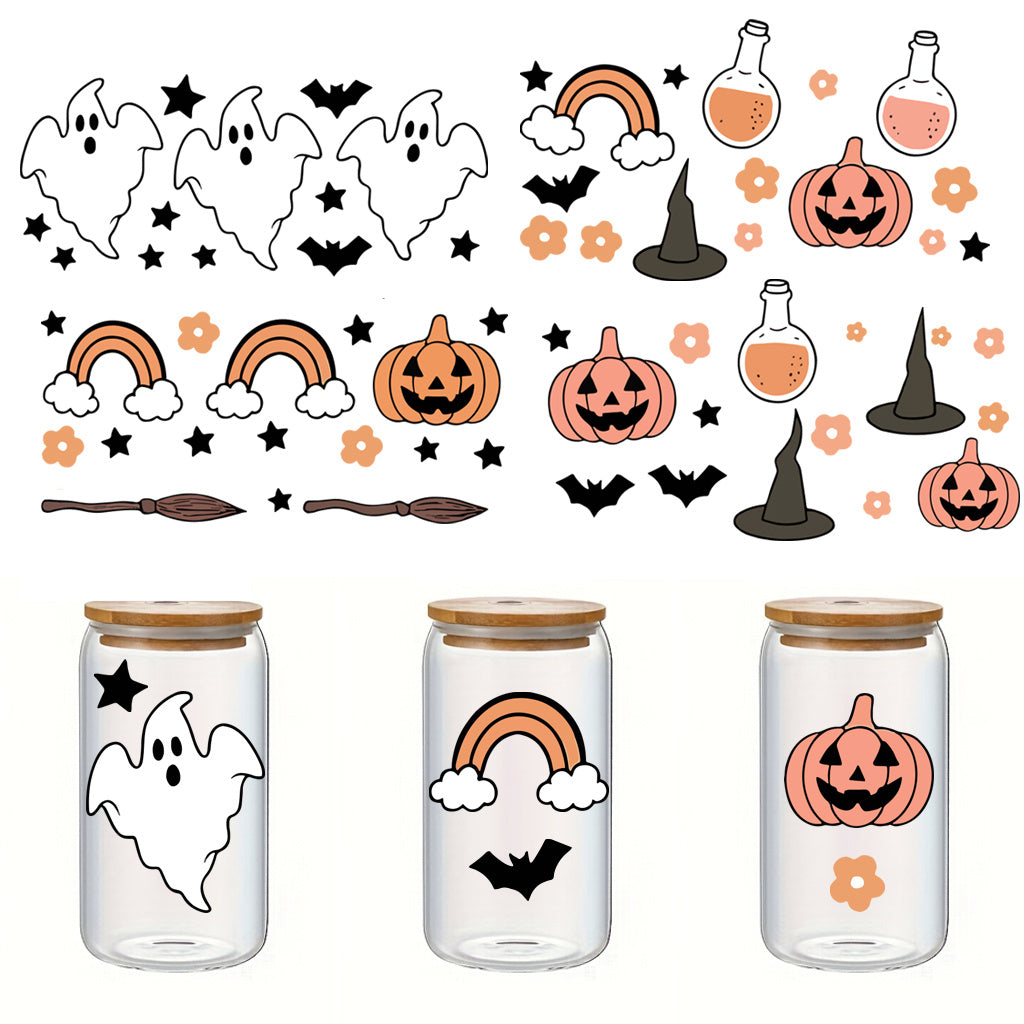 1套 可爱幽灵南瓜头万圣节元素转印水晶贴纸 适用于水杯 笔记本 玻璃 金属等水晶贴纸 自粘防水可拆卸uv dtf创意可爱转印贴纸