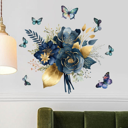 1套 轻奢蓝金花卉蝴蝶墙贴，深蓝花束配金叶彩蝶，为空间注入艺术雅致感，色彩层次丰富且风格独特，瞬间点亮居室角落，打造沉浸式浪漫花艺蝴蝶美学场景