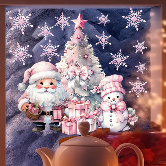 1套 粉色系圣诞萌趣墙贴，梦幻粉圣诞老人、雪人、圣诞树组合，少女心满满，贴于卧室、卧室，为圣诞添甜蜜氛围，自粘易贴可打造公主风圣诞场景。