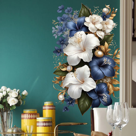 1pc Luxury Blue White Floral Sticker with Gold Accents Opulent Hibiscus Bouquet with Pearls Gems, Perfect for Elegant Decor, Sophisticated Art Accents Glamorous Aesthetic Enhancements