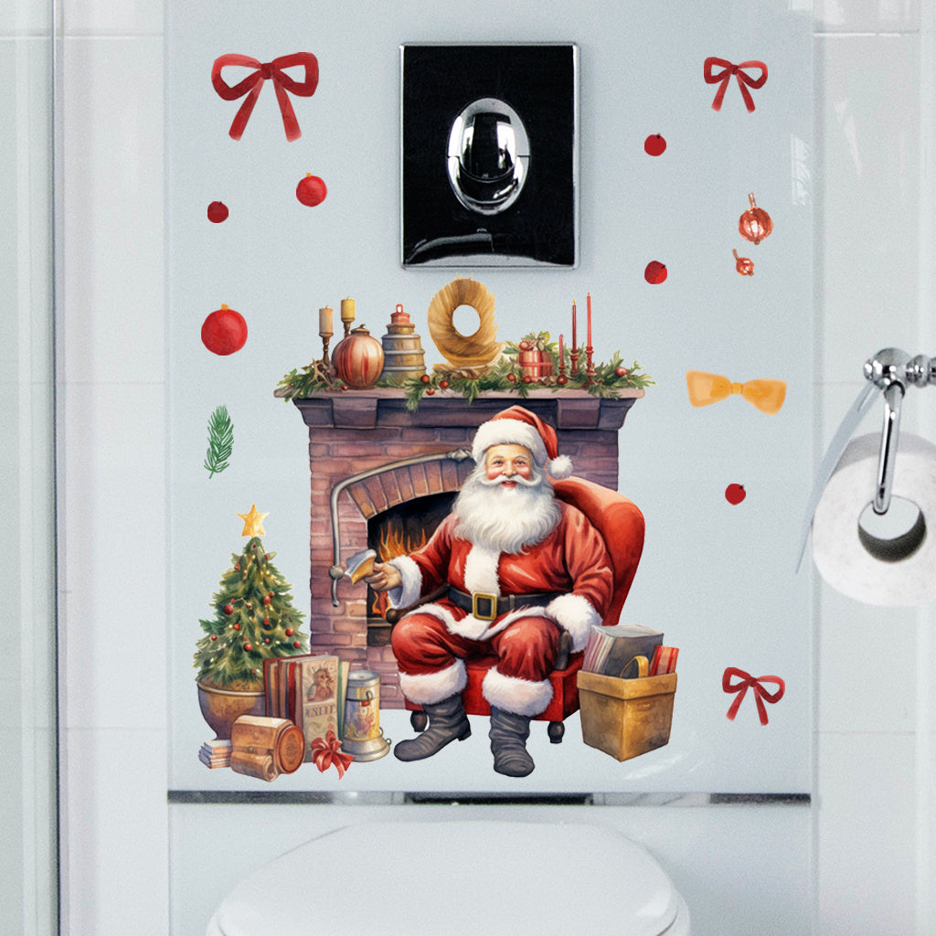 1套 圣诞温馨壁炉圣诞老人墙贴，水彩风壁炉旁圣诞老人配圣诞元素，氛围治愈，贴于客厅、卧室墙面，为圣诞添家的温暖感，自粘易贴可点缀空间。