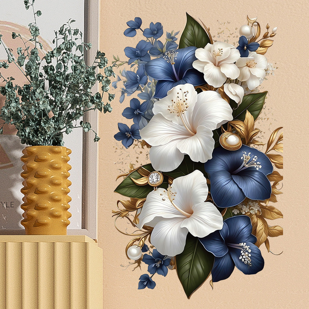 1pc Luxury Blue White Floral Sticker with Gold Accents Opulent Hibiscus Bouquet with Pearls Gems, Perfect for Elegant Decor, Sophisticated Art Accents Glamorous Aesthetic Enhancements