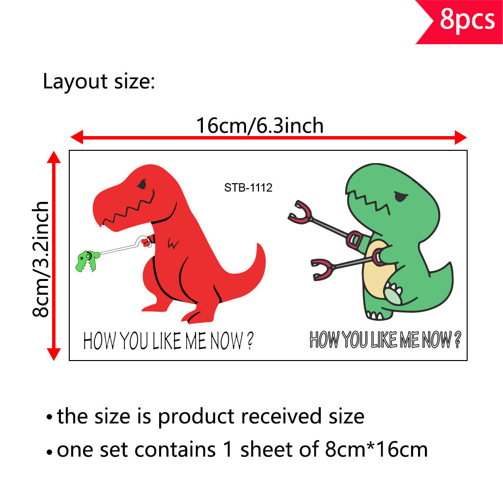 8pcs Humorous and cute cartoon dinosaur UV DTF crystal decal sticker set 'How Much You Like Me Now' sticker Quirky T-Rex design, perfect for decorating glass jars, home spaces, and other items, adding a fun and whimsical atmosphere. Self-adhesive waterpro