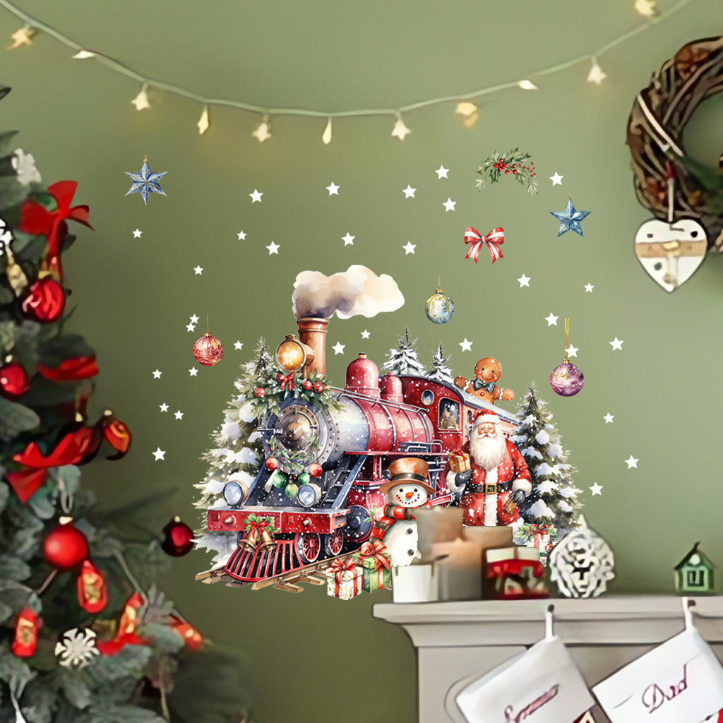 A set of Christmas Dream Train Toilet Sticker: A red train full of festive atmosphere, accompanied by Santa Claus and snowmen, surrounded by gifts and decorations, like a fairy tale scene, adding Christmas fun to the bathroom.