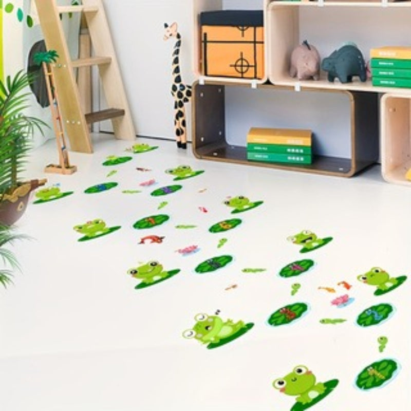 A set of frog and water lily stickers featuring charming plant scenes with lively amphibian details, adding an elegant outdoor aesthetic for nature lovers and modern interior design. Self-adhesive and removable floor stickers.
