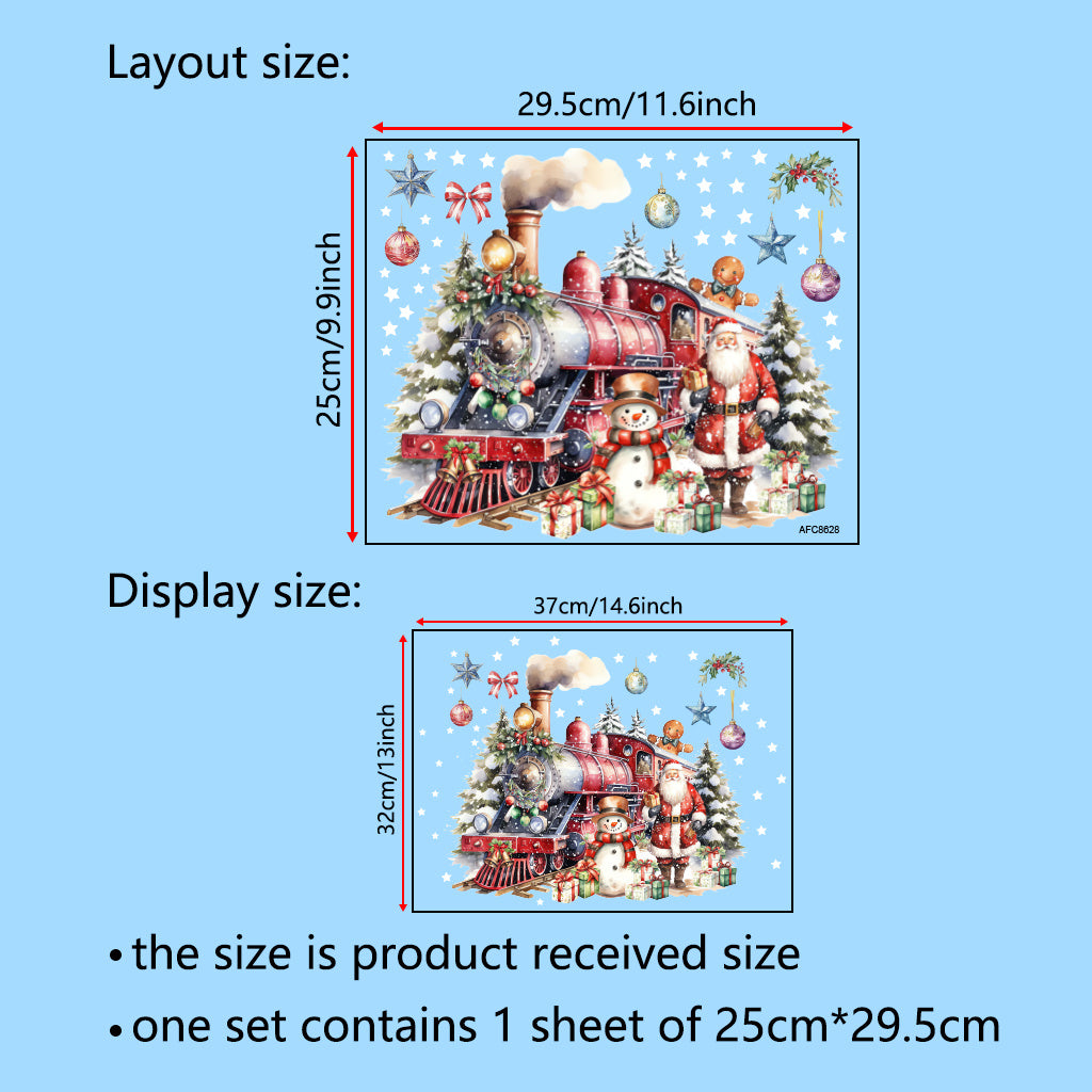 A set of Christmas Dream Train Toilet Sticker: A red train full of festive atmosphere, accompanied by Santa Claus and snowmen, surrounded by gifts and decorations, like a fairy tale scene, adding Christmas fun to the bathroom.