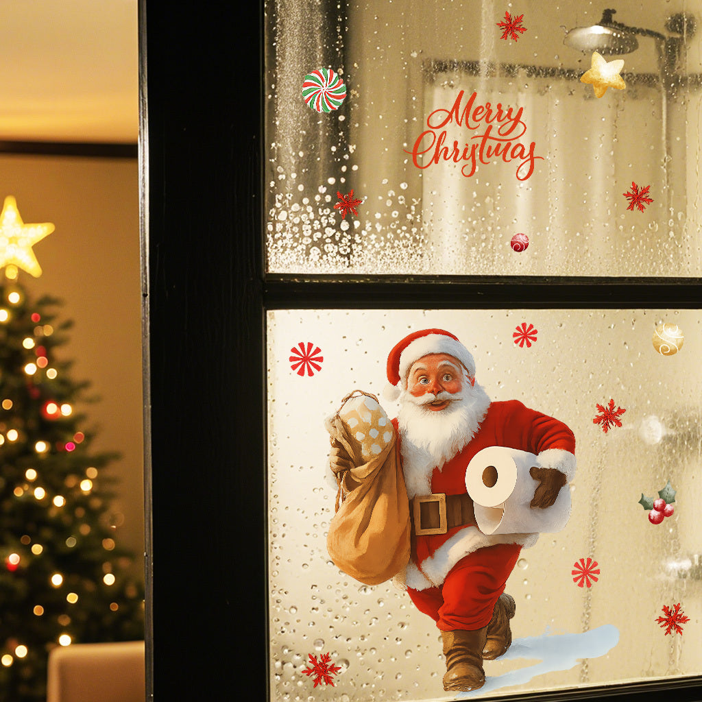 A set of Santa Claus toilet stickers holding gifts and toilet paper, suitable for home decoration, outdoor decoration, glass decoration, etc. Self-adhesive, removable, waterproof, creative DIY stickers.