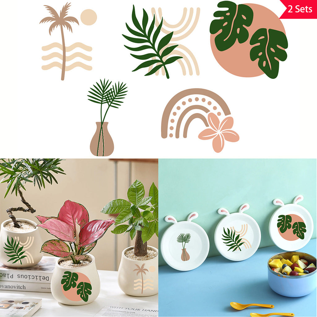 2套 简约潮流植物转印水晶贴纸 UV DTF 转印贴纸办公室和家用 玻璃杯 咖啡杯 3D diy创意贴纸