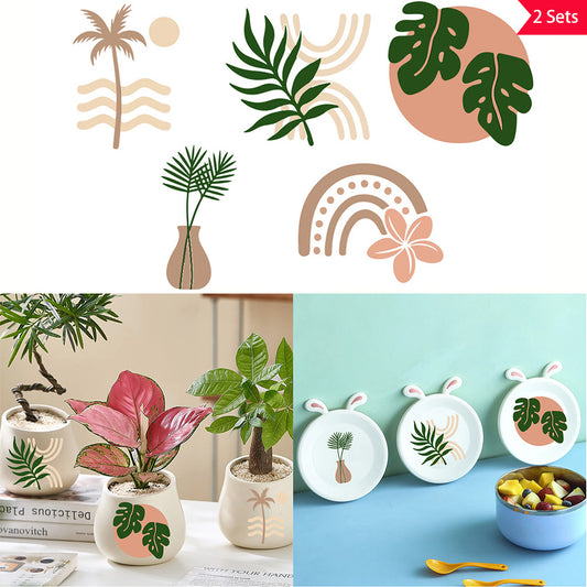 2套 简约潮流植物转印水晶贴纸 UV DTF 转印贴纸办公室和家用 玻璃杯 咖啡杯 3D diy创意贴纸