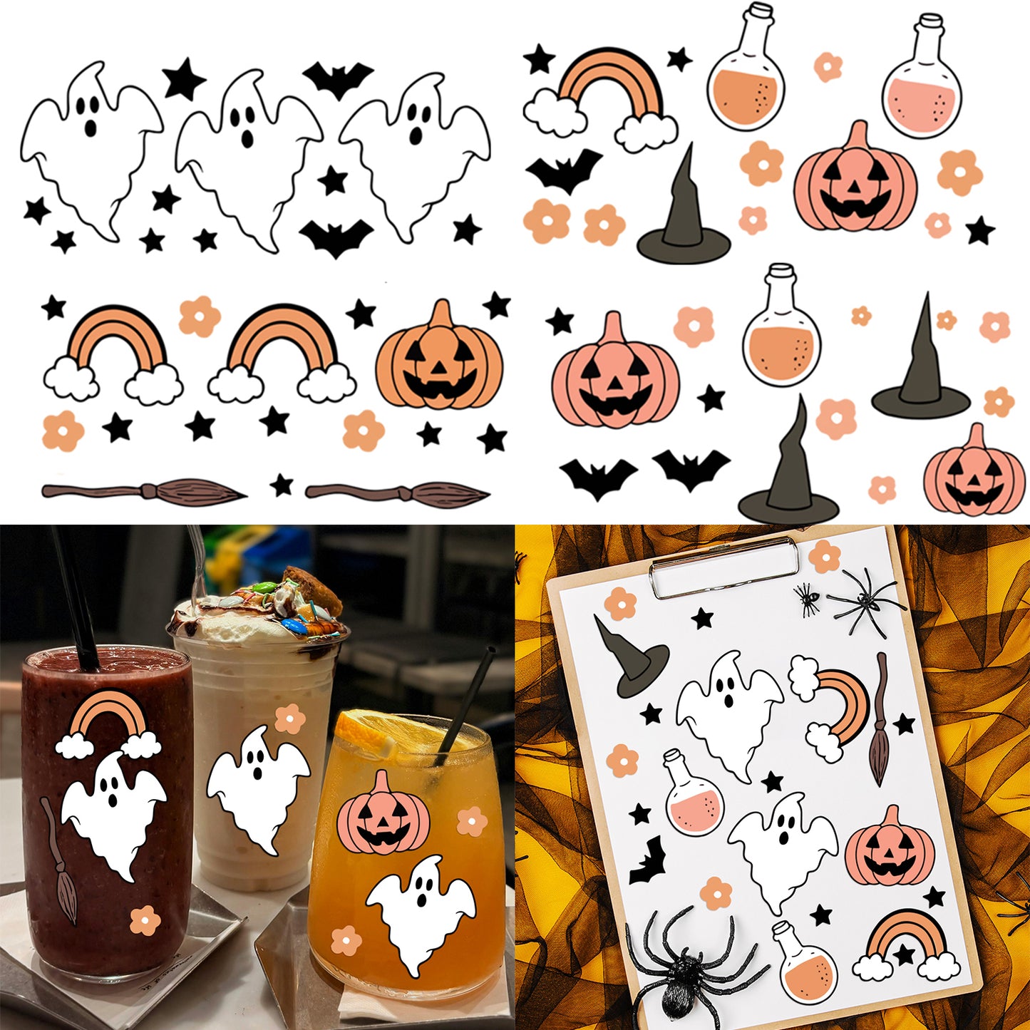 1套 可爱幽灵南瓜头万圣节元素转印水晶贴纸 适用于水杯 笔记本 玻璃 金属等水晶贴纸 自粘防水可拆卸uv dtf创意可爱转印贴纸