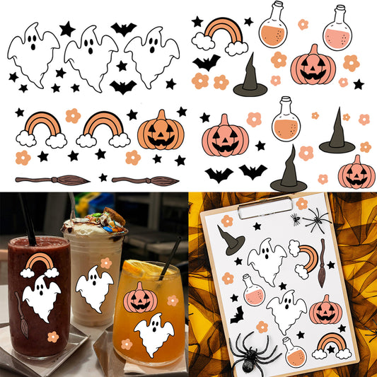 1套 可爱幽灵南瓜头万圣节元素转印水晶贴纸 适用于水杯 笔记本 玻璃 金属等水晶贴纸 自粘防水可拆卸uv dtf创意可爱转印贴纸