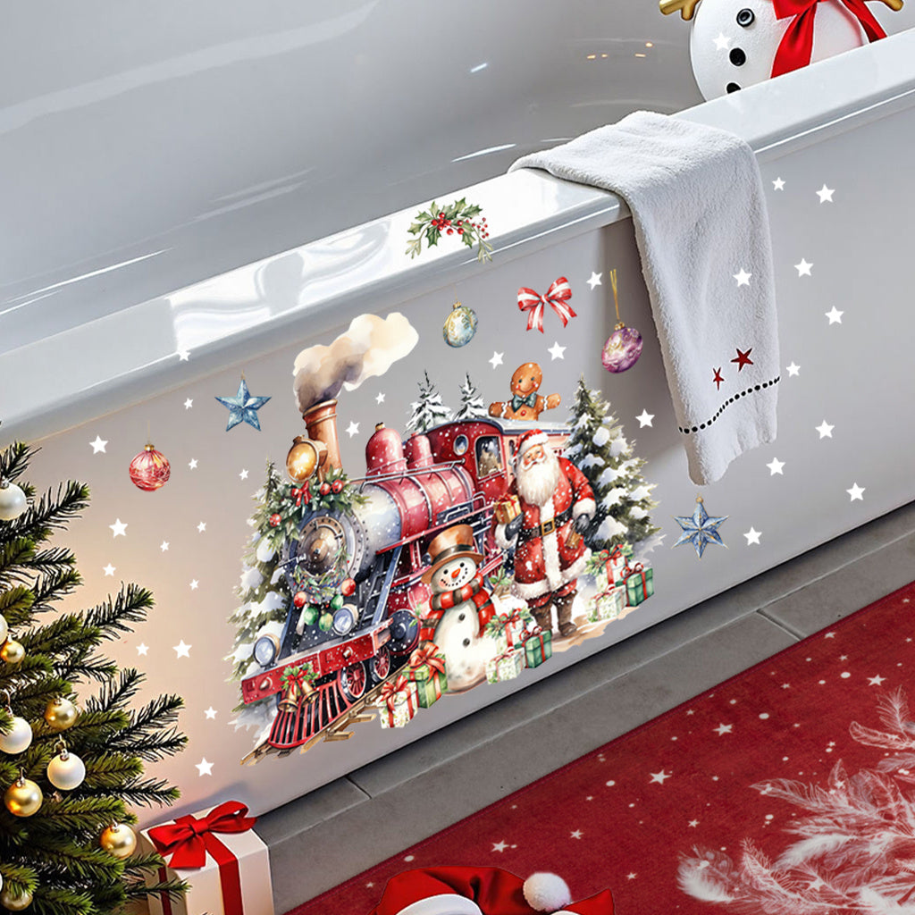 A set of Christmas Dream Train Toilet Sticker: A red train full of festive atmosphere, accompanied by Santa Claus and snowmen, surrounded by gifts and decorations, like a fairy tale scene, adding Christmas fun to the bathroom.