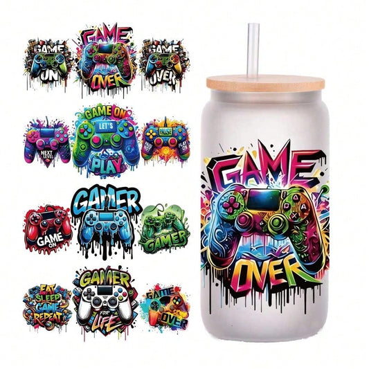 4 Sets Graffiti Gaming Controller UV DTF Transfer Sticker, For 16oz Glass Cup Package, Neon Game DIY Self-Adhesive Cup Wraps For Tumblers & Bottles, 3D Crystal Stickers High-Quality