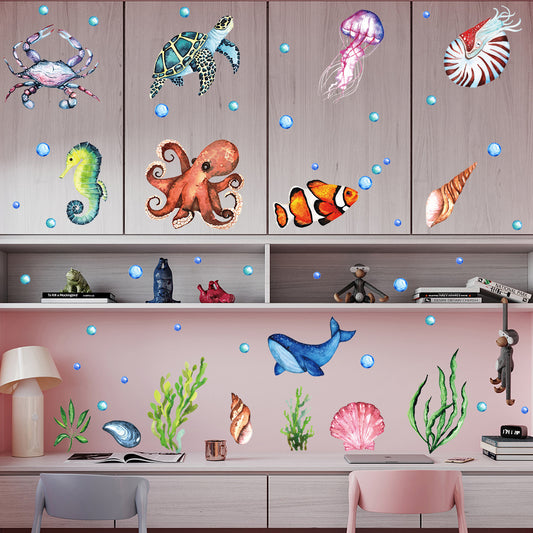 1套 深海夜光秘境墙贴！章鱼、海龟、小丑鱼等海洋生物荧光闪烁，为卧室打造沉浸式海洋探险地，乙烯基可拆卸家居装饰贴纸