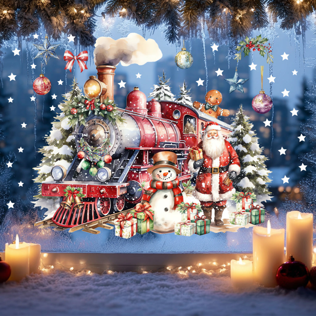 A set of Christmas Dream Train Toilet Sticker: A red train full of festive atmosphere, accompanied by Santa Claus and snowmen, surrounded by gifts and decorations, like a fairy tale scene, adding Christmas fun to the bathroom.