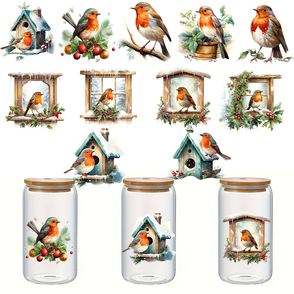 1套 冬日可爱知更鸟转印水晶表贴纸 3D 水晶设计 UV DTF 转印贴纸 办公室和家用 16 盎司字母玻璃杯 咖啡杯贴纸 DIY 包裹转移贴纸