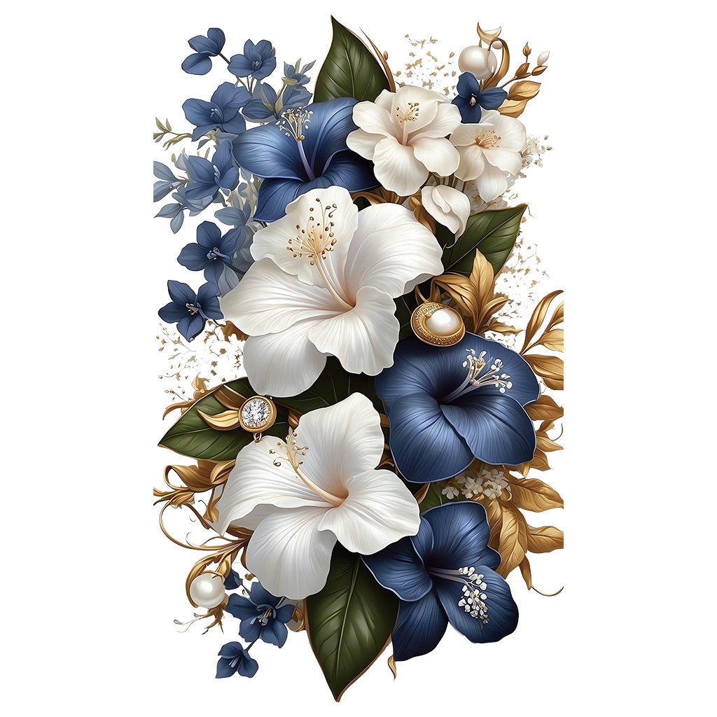 1pc Luxury Blue White Floral Sticker with Gold Accents Opulent Hibiscus Bouquet with Pearls Gems, Perfect for Elegant Decor, Sophisticated Art Accents Glamorous Aesthetic Enhancements