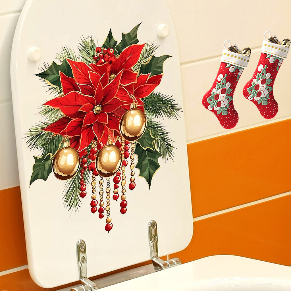 A set of Christmas flower and bell toilet stickers suitable for decorating bedroom and living room background walls, study, bathroom decorations, glass decorations, etc. Self-adhesive and removable stickers.