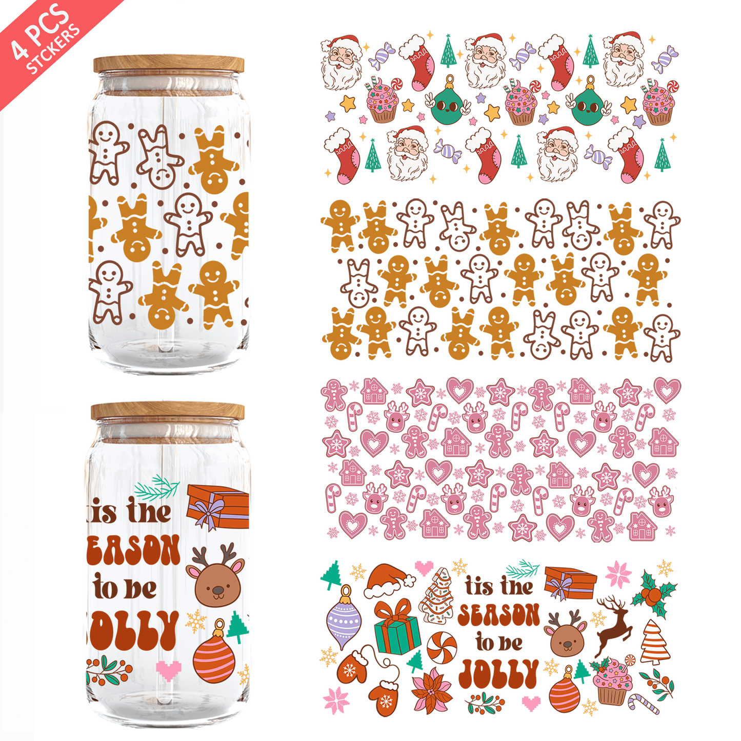 1 set of 4pcs Christmas UV DTF Cup Wrap For 16oz Libbey Glass - Waterproof 3D Crystal Transfer Sticker For DIY Crafting, Mugs, Laptops