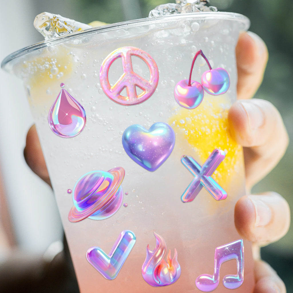 3pcs Pastel Fashion Icons UV DTF Crystal Sticker Set with vibrant rainbow shimmer symbol designs, perfect for decoration and fashion accents. Enhances modern aesthetics with self-adhesive waterproof transfer stickers.