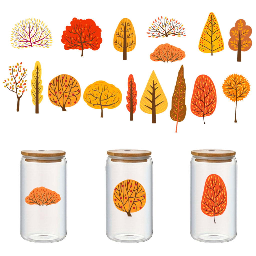 3套卡通秋天树木转印水晶标贴纸 适合女士、女孩、派对、杯子配件 营造生活趣味性与温馨氛围 自粘防水创意DIY贴纸 适用于家居装饰 户外装饰 玻璃装饰等 UV DTF 杯子包装纸