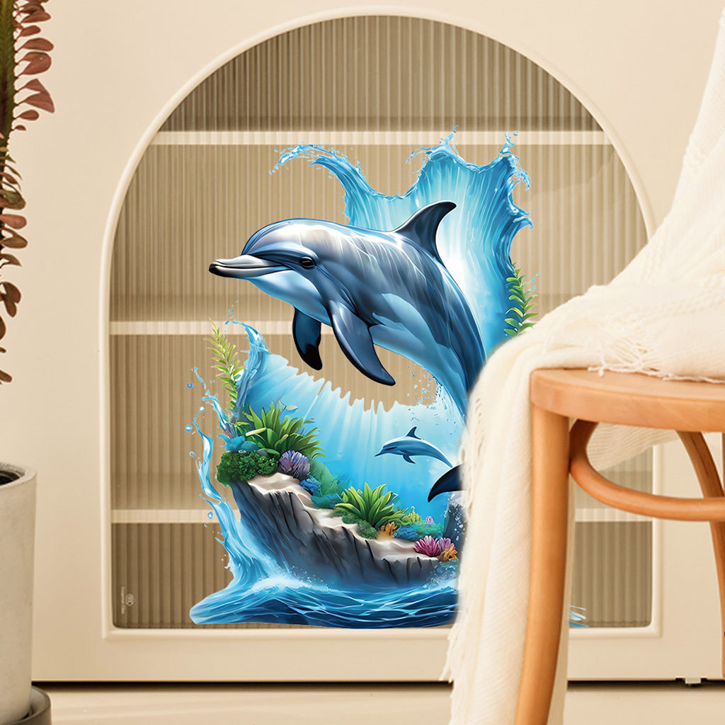 1pc Lifelike dolphin underwater scene stickers, realistic marine mammals with coral reef waves, perfect for ocean-themed decoration, marine art accents, self-adhesive, removable, and waterproof wall decals