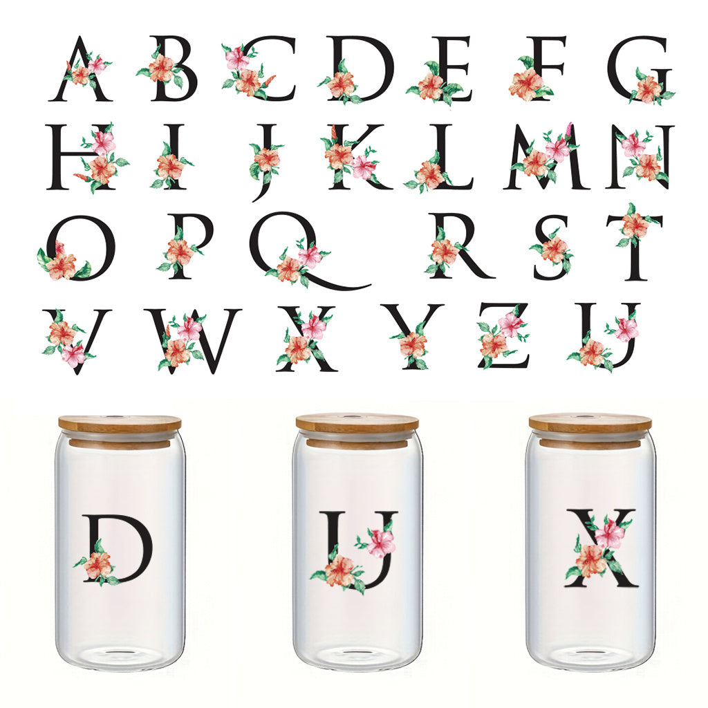 6套 26 个字母花朵 A-Z 设计 UV DTF 转印贴纸办公室和家用 16 盎司字母玻璃杯贴纸 DIY 包裹转移贴纸 3D 水晶设计女士妈妈最好的朋友礼物 DIY 工艺品