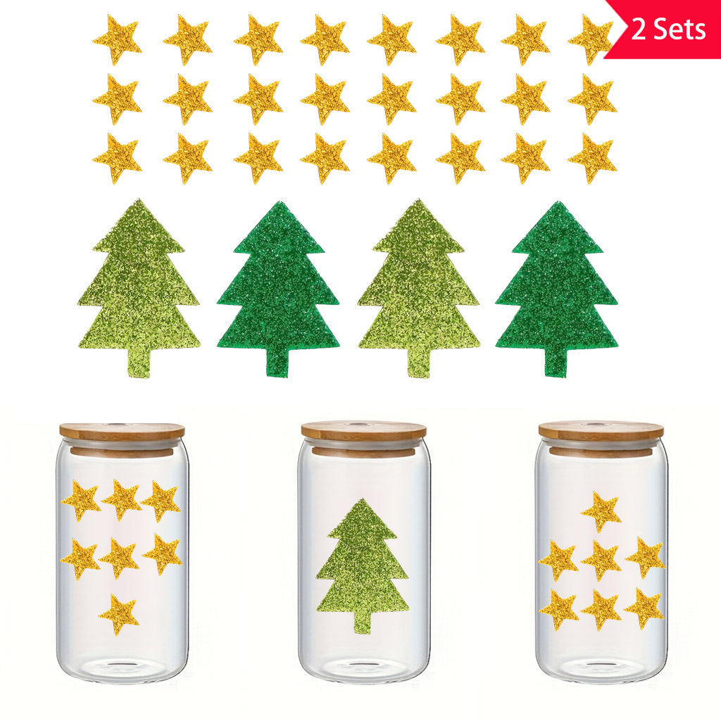 2套圣诞树和星星水晶标准UV DTF转印贴纸套装，非常适合为玻璃瓶和空间装饰增添迷人的节日氛围。自粘、可移除、防水贴纸。
