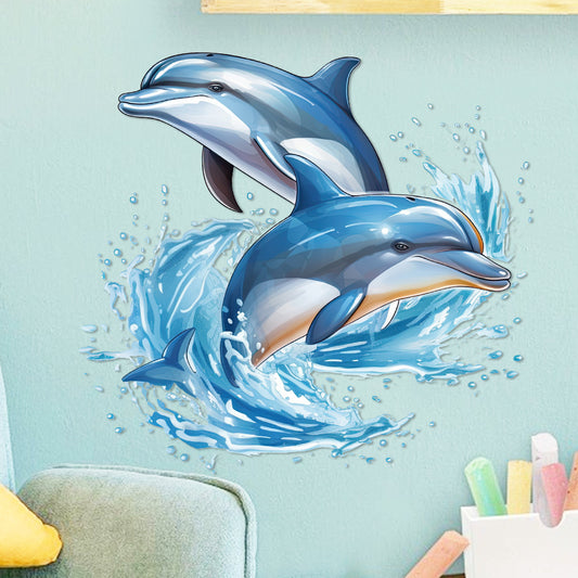 1套 灵动海豚戏水墙贴，双海豚跃出浪花，色彩清新灵动，贴于儿卧室、浴室，为空间添海洋活力氛围与治愈感。