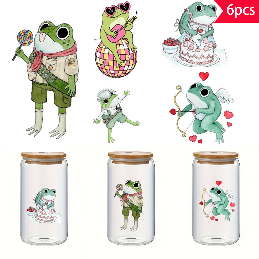 6pcs Cute and versatile frog UV DTF crystal label transfer sticker set, suitable for glass jars and space decoration, item decoration, self-adhesive, removable, waterproof, creative DIY crystal label transfer stickers, cartoon cute little frog stickers