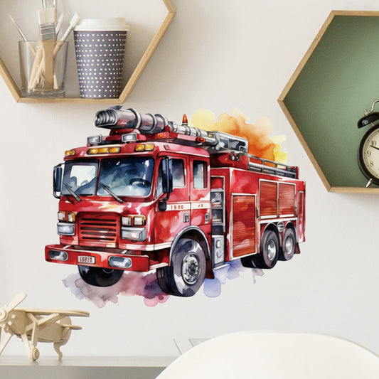 1pc Watercolor Fire Truck Stickers: Bright red fire truck with an artistic watercolor effect, perfect for hero-themed decorations and emergency-themed art accents. Dynamic aesthetic enhancement, self-adhesive and removable wall stickers.