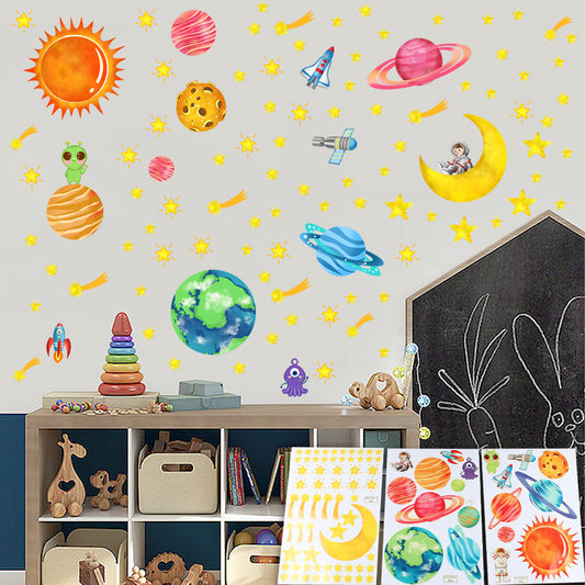 3pcs Watercolor cosmic space blue glow-in-the-dark stickers featuring vivid planets and astronauts. Celestial elements suitable for art decoration, home decor, self-adhesive and removable blue glow-in-the-dark wall stickers.