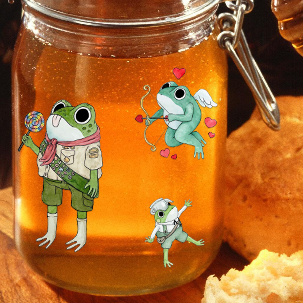6pcs Cute and versatile frog UV DTF crystal label transfer sticker set, suitable for glass jars and space decoration, item decoration, self-adhesive, removable, waterproof, creative DIY crystal label transfer stickers, cartoon cute little frog stickers
