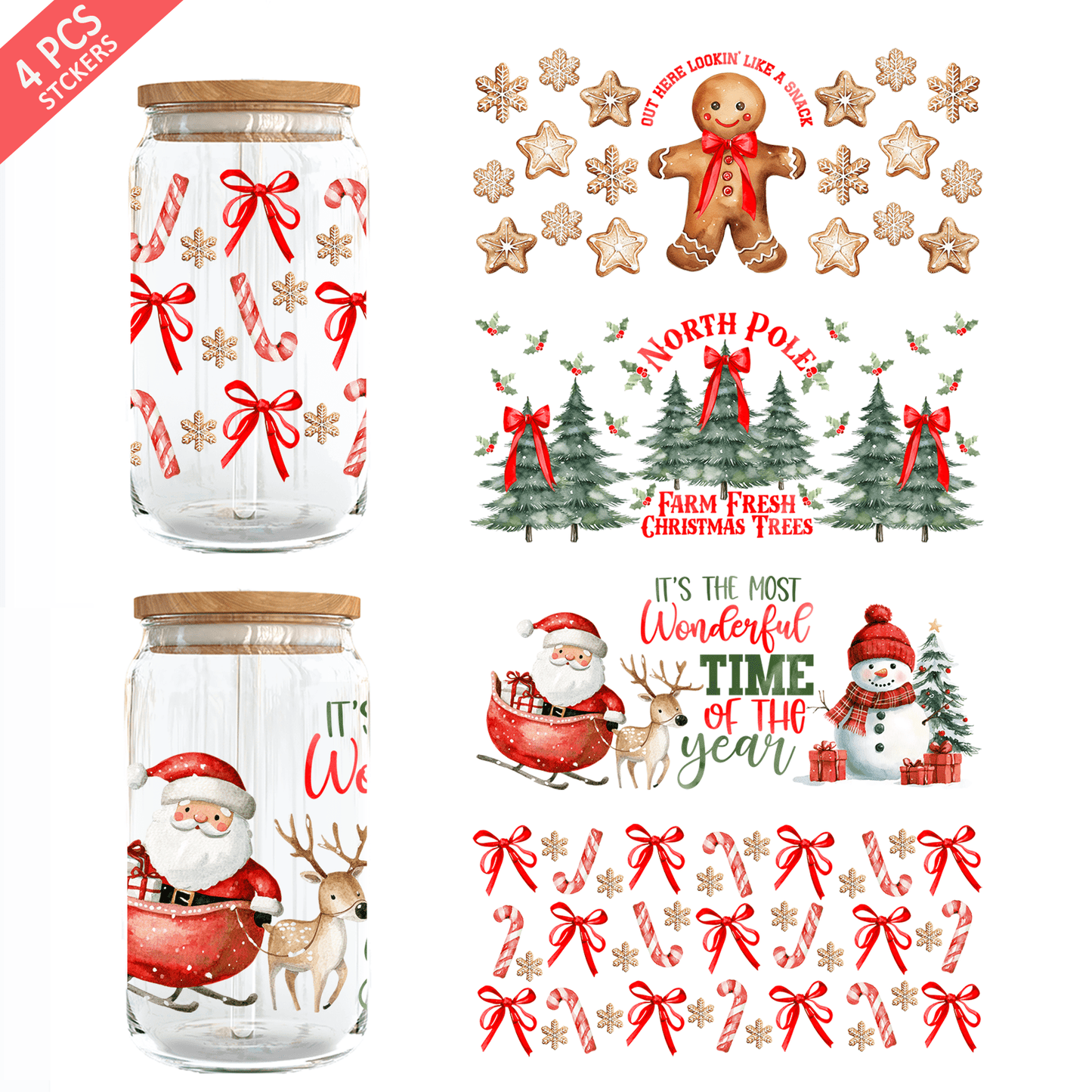 1 set of 4pcs Christmas UV DTF Cup Wrap For 16oz Libbey Glass - Waterproof 3D Crystal Transfer Sticker For DIY Crafting, Mugs, Laptops