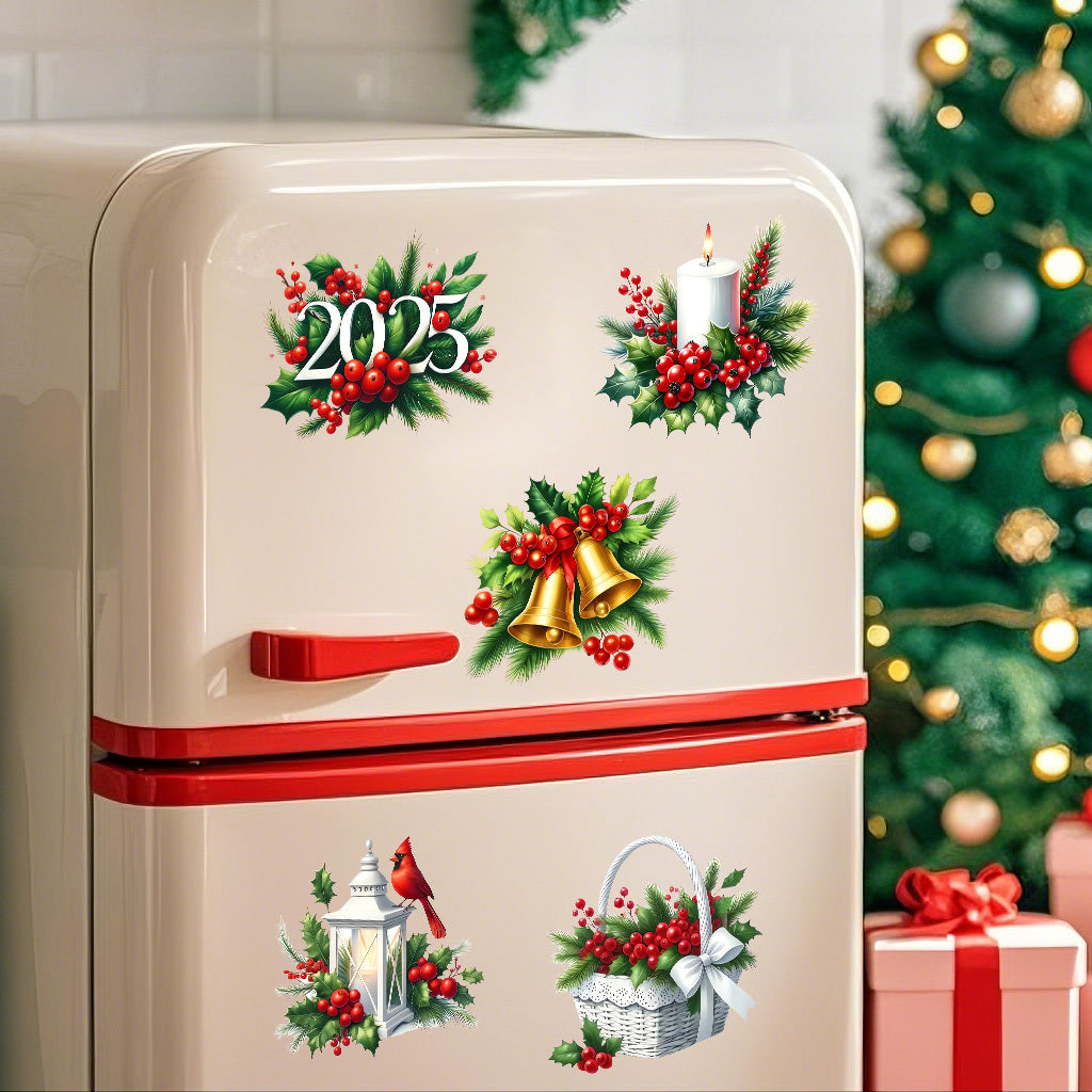 1套 2025圣诞节花卉水果铃铛转印水晶标贴纸 适用于水杯 咖啡杯 笔记本装饰等 自粘防水DIY贴纸 UV DTF 转印贴纸办公室和家用