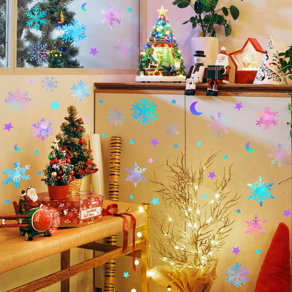 A set of Elegant Christmas decorations, glass stickers with a gorgeous gold and red bow design, featuring the words 'Merry Christmas, ' add a luxurious and festive touch to home decor. They are statically adhered, waterproof, and reusable.