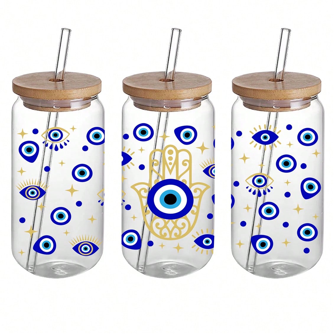 1 set of 5pcs Lucky Pink Blue Eye UV DTF Transfer Printing Waterproof Self-Adhesive Stickers For Mug Water Bottle Cup, DTF Transfer Sticker For 16 OZ Glass Can Wrap, 3d Crystal Label Waterproof And Scratch Resistant, DIY Wrap Transfer Sticker Glass Cup St