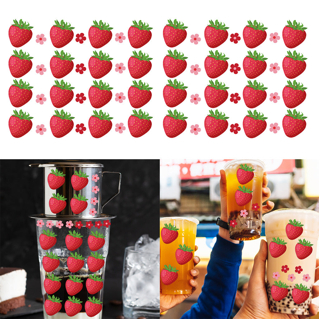 3套 可爱草莓图案设计、UV DTF 杯子贴纸、防水贴纸包，用于装饰杯子、电脑、瓶子、学习用品等装饰、工艺品、DIY 艺术用品转水晶标贴纸 适合女孩 节日 派对装饰