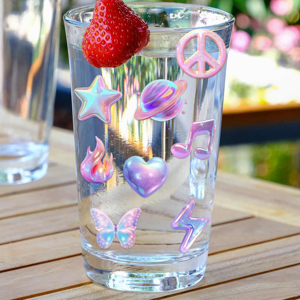 3pcs Pastel Fashion Icons UV DTF Crystal Sticker Set with vibrant rainbow shimmer symbol designs, perfect for decoration and fashion accents. Enhances modern aesthetics with self-adhesive waterproof transfer stickers.