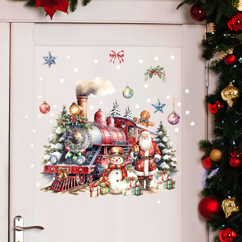 A set of Christmas Dream Train Toilet Sticker: A red train full of festive atmosphere, accompanied by Santa Claus and snowmen, surrounded by gifts and decorations, like a fairy tale scene, adding Christmas fun to the bathroom.