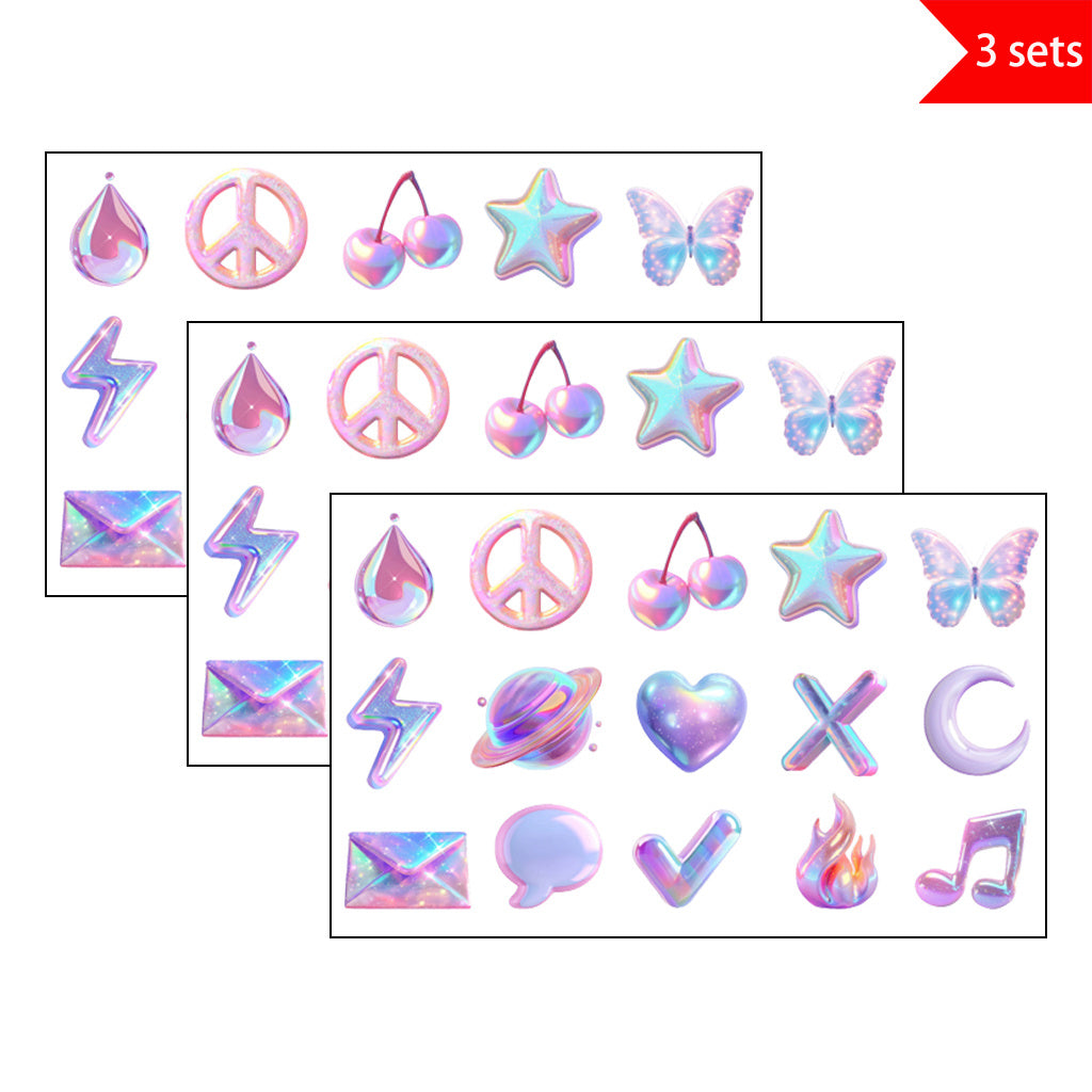 3pcs Pastel Fashion Icons UV DTF Crystal Sticker Set with vibrant rainbow shimmer symbol designs, perfect for decoration and fashion accents. Enhances modern aesthetics with self-adhesive waterproof transfer stickers.